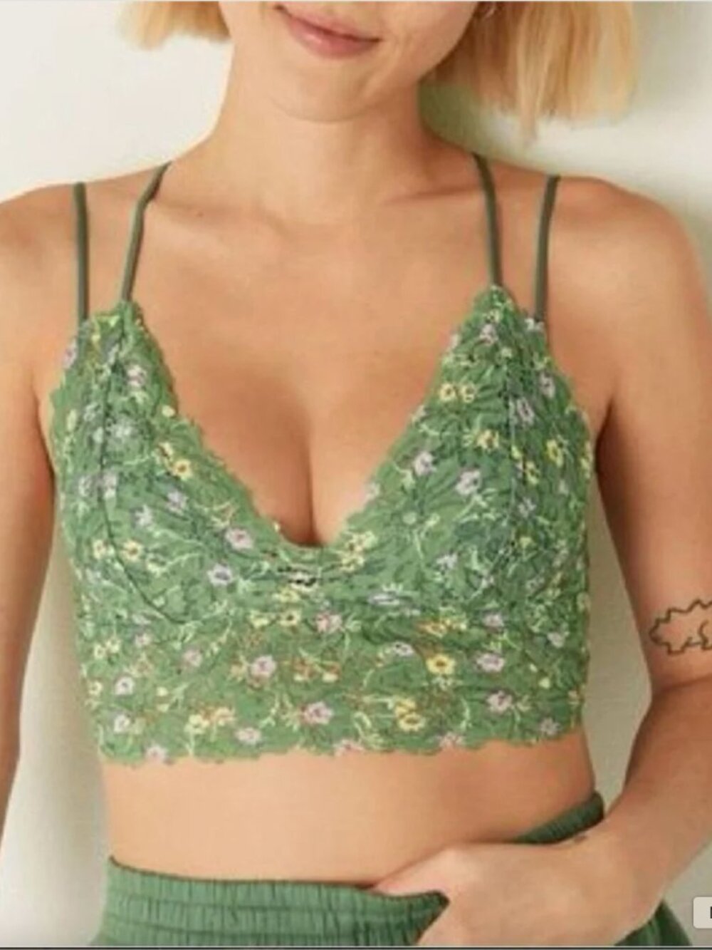 PINK Victoria's Secret Bralette Longline Floral Green Lace